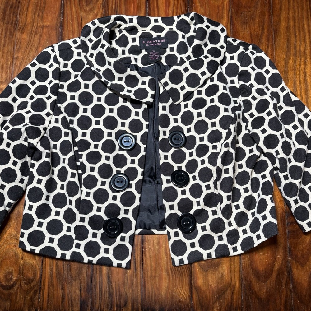 Signature By Robbie Bee Geometric Spot Black Ivory Funky Topper Jacket Sz 10 A95